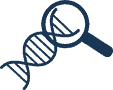 A magnifying glass takes a closer look at a DNA strand.