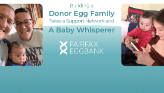 Two at-home selfies are featured on the banner, indicating a successful intended parent story with Fairfax EggBank.