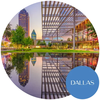 View of the Dallas, TX skyline at sunset. Become an egg donor in Texas today!