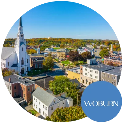 Aerial view of Woburn, MA, near Boston. Become an egg donor in Massachusetts today!